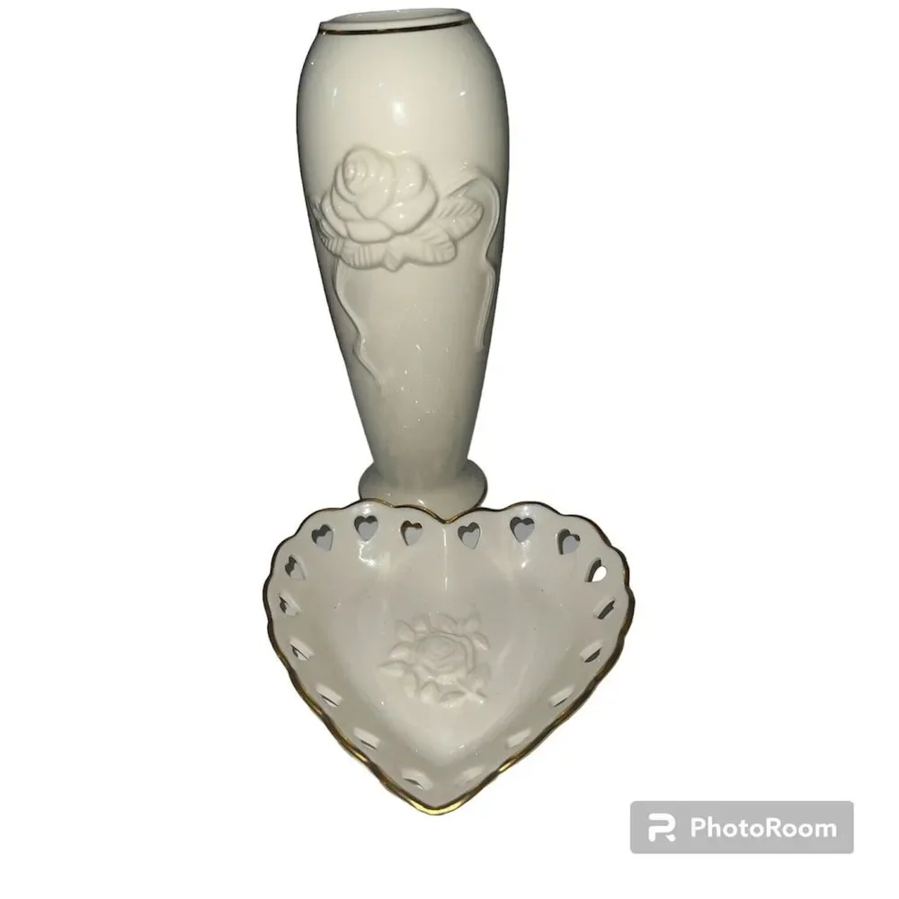 Lenox Embossed Rose Cream Vase Heart Bowl Set Gold Trim Vintage